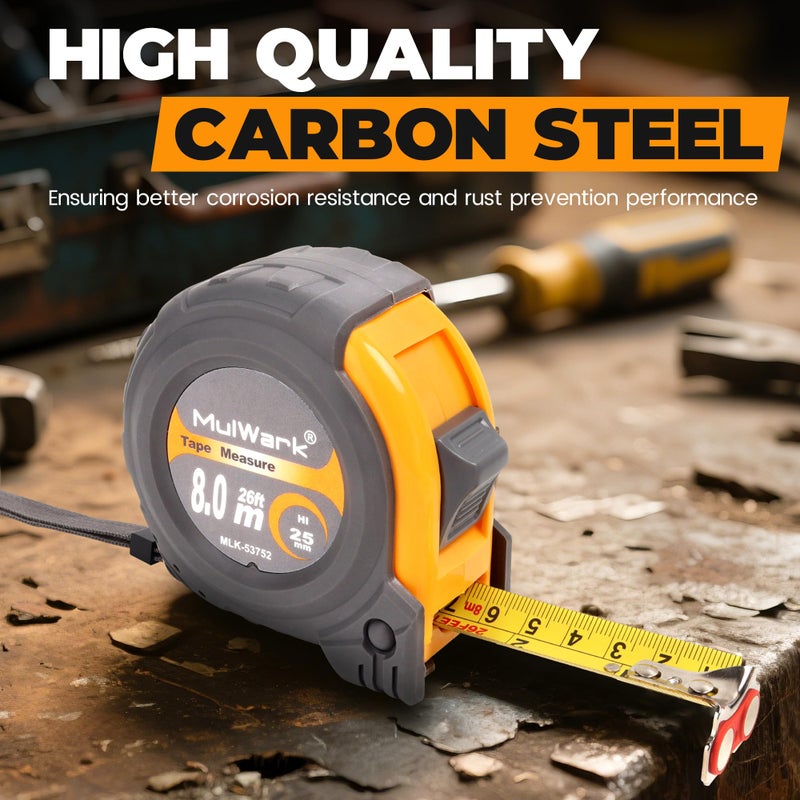 MulWark 25ft Metric Tape Measure, Easy Read Measuring Tape Retractable with Fractions 1/8, Both-Side Metal Blade, Magnetic Hook & Shockproof Case for Construction, Carpenter, Architect, Woodworking - Image 5